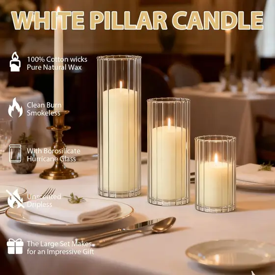 Ivory Pillar Candles & Ribbed… — Photo 3