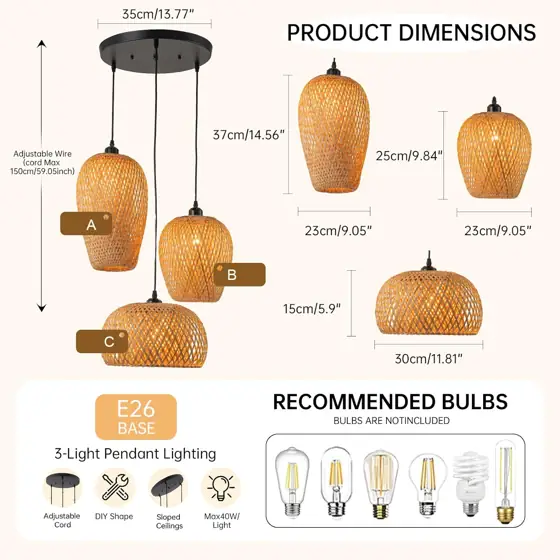 Rattan Pendant Light, 3-Lights, Boho… — Photo 2