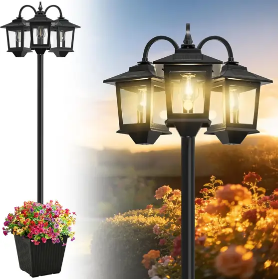 3-Head Solar Lamp Post with… — Photo 1