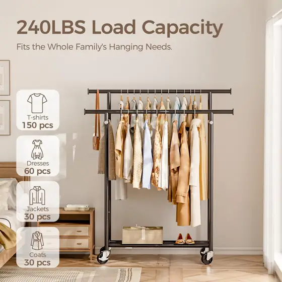 HYSEYY Clothes Rack, Double-Rod Rolling… — Photo 2