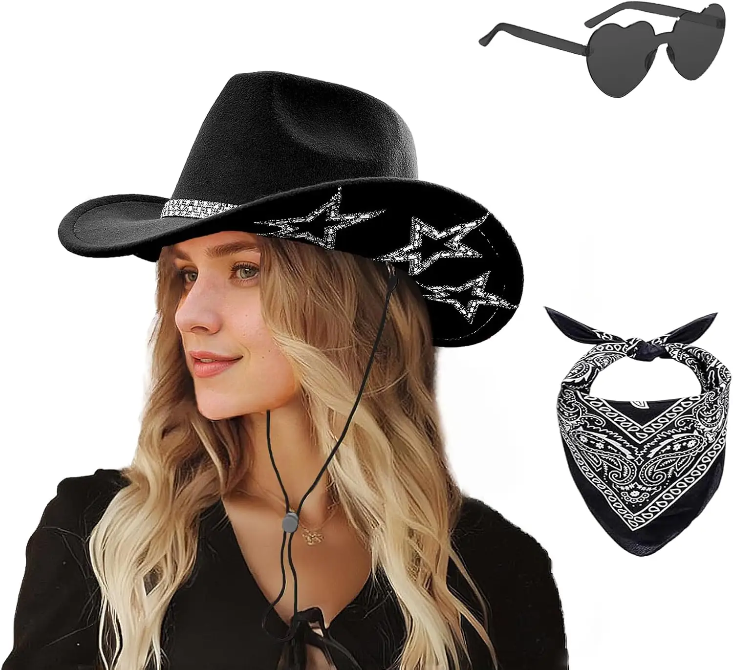 SHENYI Cowgirl Hat,Bandana,Heart Sunglasses,Rhinestones,Star Accents… — Photo 1