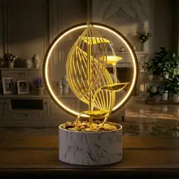 15-Inch Gold LED Tabletop Water Fountain with Lotus Waterfall for Desk ...