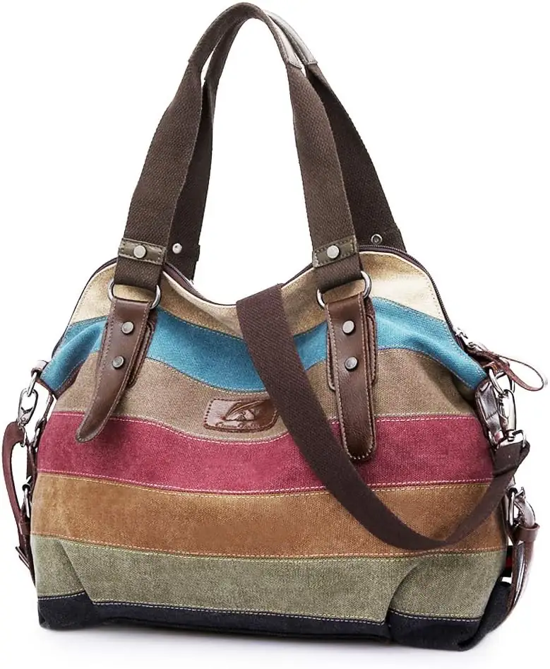Canvas Handbag Multi-Color Striped Lattice… — Photo 1