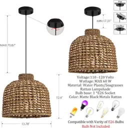 Rattan Pendant Light,13.78" Boho Seagrass… — Photo 2