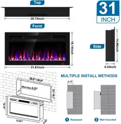 31-Inch Electric Fireplace, Recessed/Wall-Mounted, 750/1500W,… — Photo 2