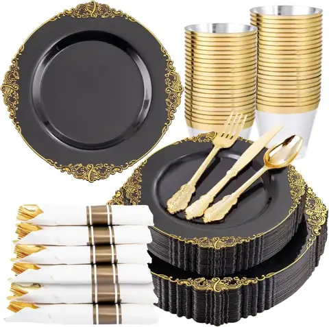 Nervure 175Pcs Black Plastic Plates,… — Photo 1