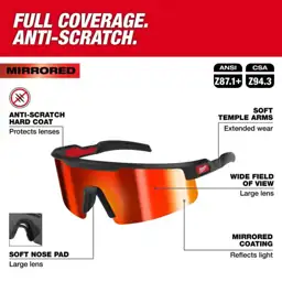 Milwaukee Safety Glasses with Red Wrap Around Mirrored Anti-Scratch ...