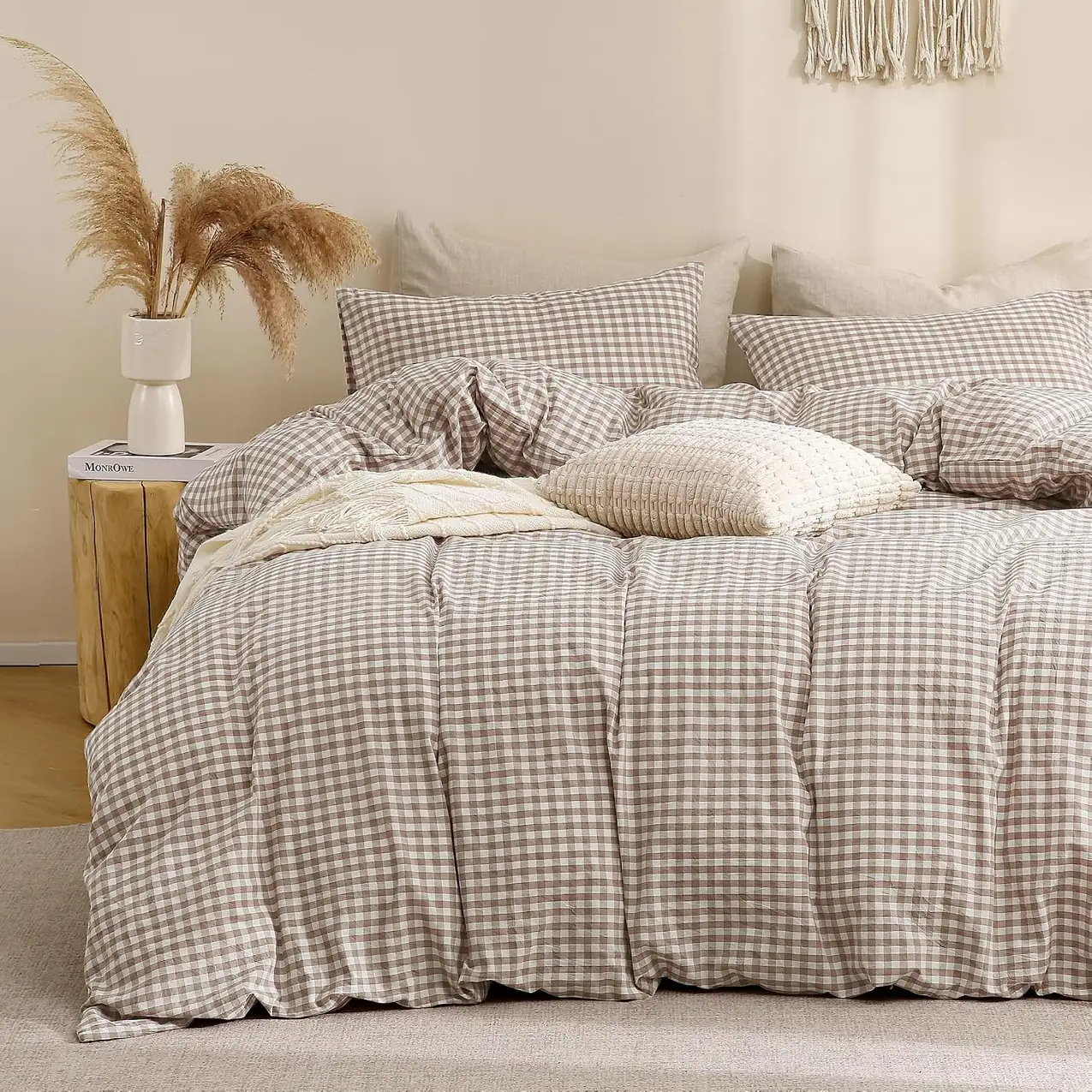 TOCOMOA Tan Gingham Duvet Cover… — Photo 1