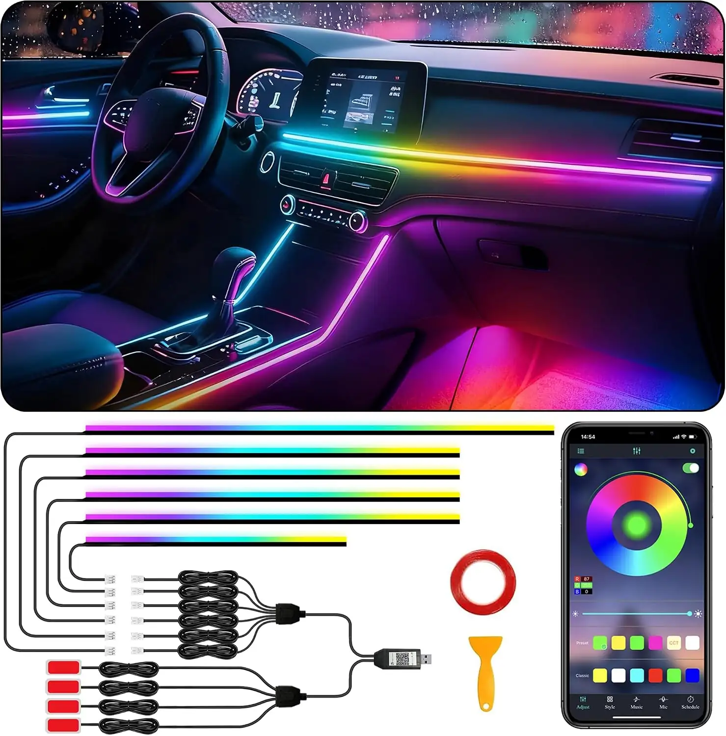 Acrylic Interior Car LED Strip Lights, USB Car Ambient Lighting ...