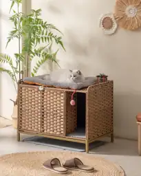 SETVSON Litter Box Enclosure Furniture, Divider & Mat, PE Rattan ...
