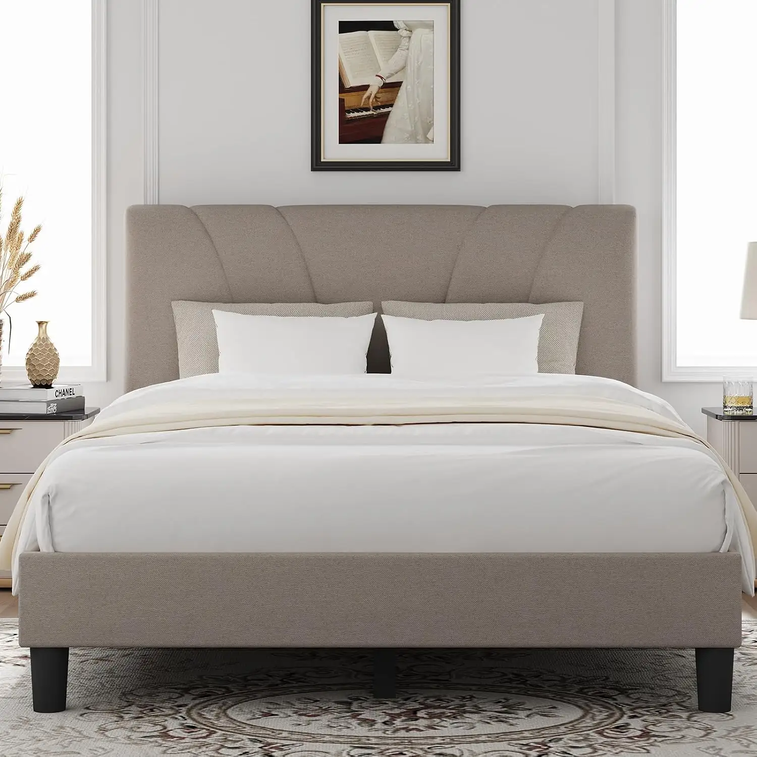 Novilla King Size Bed Frame with Adjustable Headboard, Linen Upholstery ...